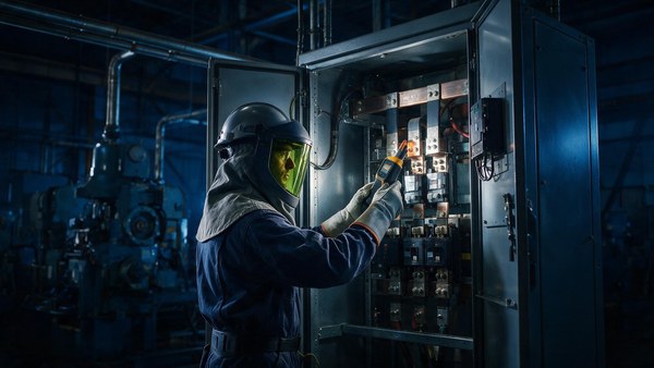 Eletricista de EPI medindo ausência de tensão em painel industrial